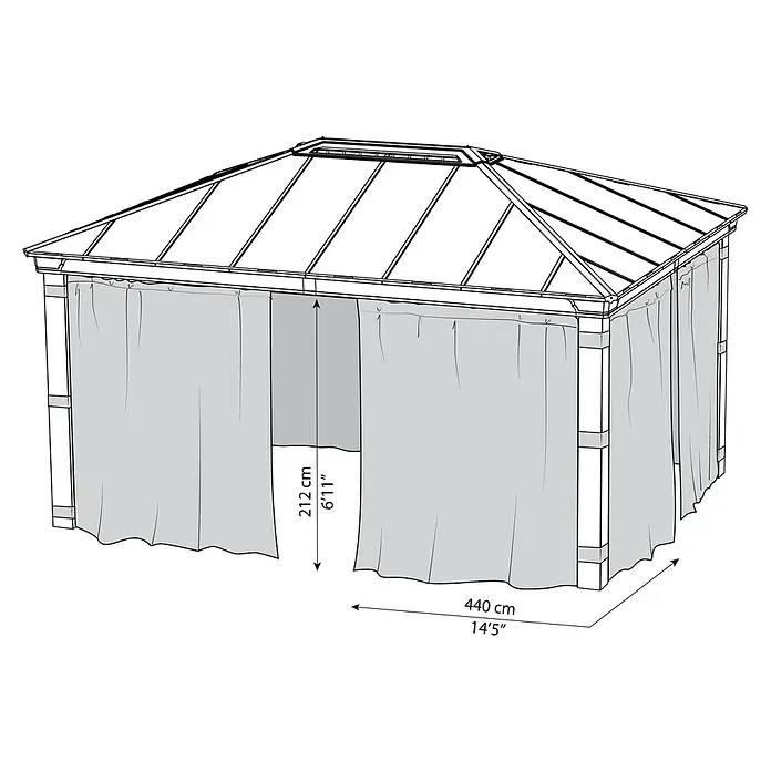 Palram – Canopia Pared lateral de pérgola Dallas - An x Al: 500 x 212 cm, Específico para: Cenador Dallas, Gris - Ilustración de una glorieta con cortinas e indicaciones de tamaño.