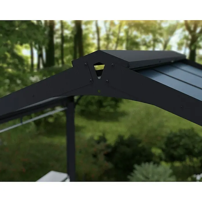 Palram – Canopia Pérgola para barbacoa Austin - An x Pr: 240 x 180 cm, Color del armazón: Antracita, Aluminio - Primer plano de la elegante construcción metálica negra de una glorieta, que se integra armoniosamente en el entorno verde.