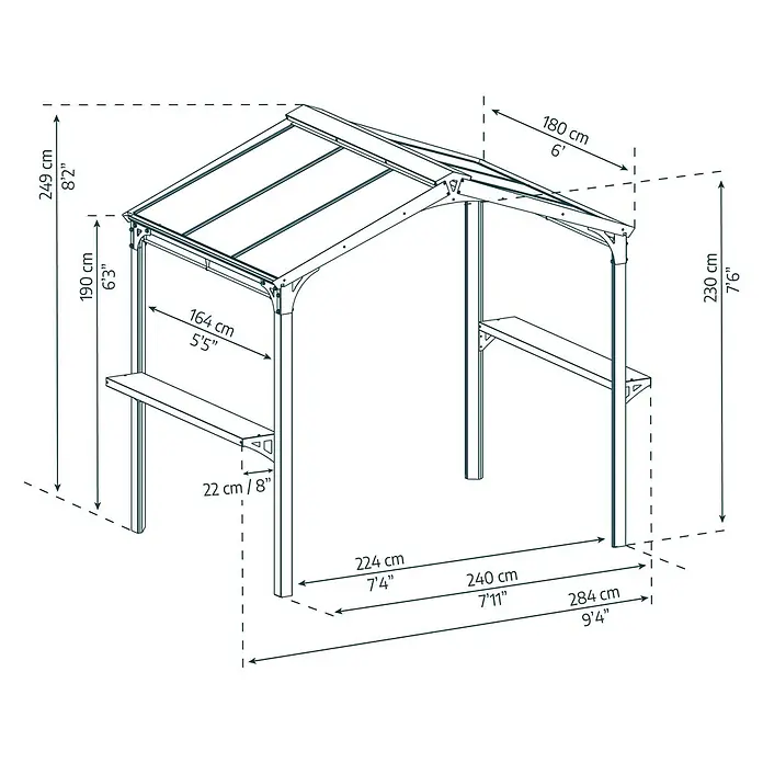 Palram – Canopia Pérgola para barbacoa Austin - An x Pr: 240 x 180 cm, Color del armazón: Antracita, Aluminio - Imagen del producto con dimensiones. Las medidas del producto se indican en centímetros y pies.