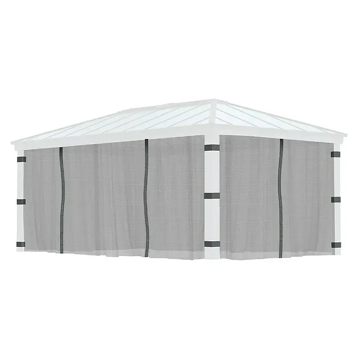 Palram – Canopia Cortina mosquitera para cenador Dallas - An x Al: 600 x 360 cm, Gris - Primer plano de una carpa blanca con mosquitera, ideal para relajarse al aire libre sin insectos.
