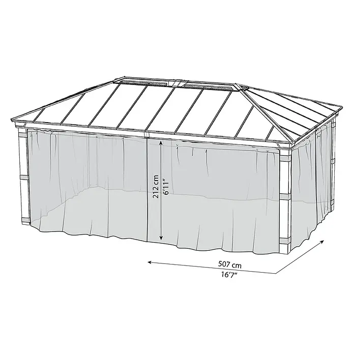 Palram – Canopia Cortina mosquitera para cenador Dallas - An x Al: 600 x 360 cm, Gris - Ilustración de una glorieta con cortinas que muestra las dimensiones de 212 cm de altura y 507 cm de longitud.