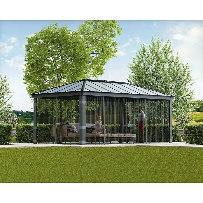 Palram – Canopia Cortina mosquitera para cenador Dallas - An x Al: 600 x 360 cm, Gris - Esta foto muestra un gazebo con cortinas, que ofrece un hermoso espacio al aire libre con sombra. El producto es ideal para relajarse en el jardín.