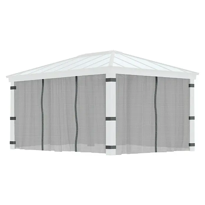Palram – Canopia Cortina mosquitera para cenador Dallas - An x Al: 500 x 360 cm, Gris - Un gazebo blanco con mosquiteras, que ofrece protección contra los insectos y mantiene un ambiente exterior aireado.