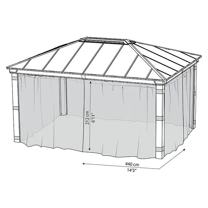 Palram – Canopia Cortina mosquitera para cenador Dallas - An x Al: 500 x 360 cm, Gris - Ilustración de un gazebo con cortinas, mostrando dimensiones de 212 cm de altura y 440 cm de longitud. Ideal para el jardín.