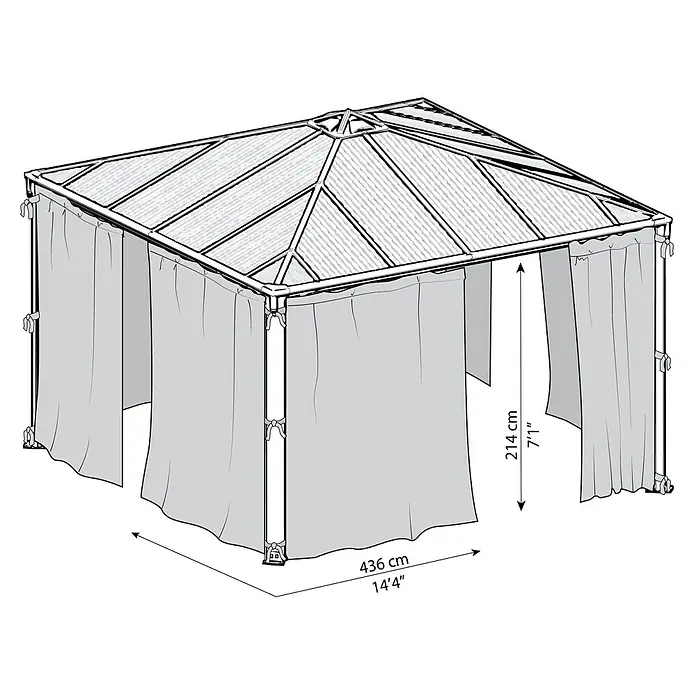 Palram – Canopia Cortina mosquitera para cenador Palermo - An x Al: 430 x 430 cm - Ilustración de un cenador con cortinas e indicaciones de medidas de altura y anchura.