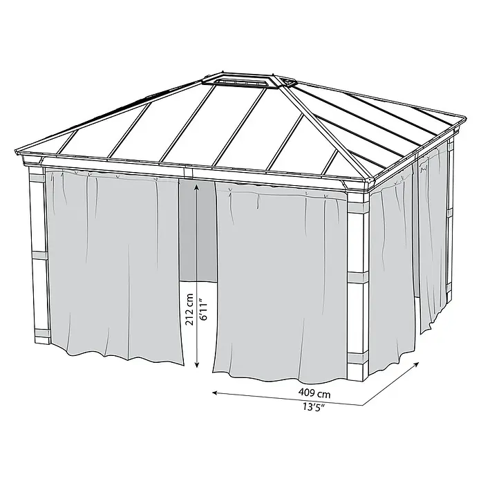 Palram – Canopia Pared lateral de pérgola Dallas - An x Al: 430 x 212 cm, Específico para: Cenador Dallas, Gris - Ilustración de un cenador con cortinas y medidas indicadas: 212 cm de alto y 409 cm de ancho.