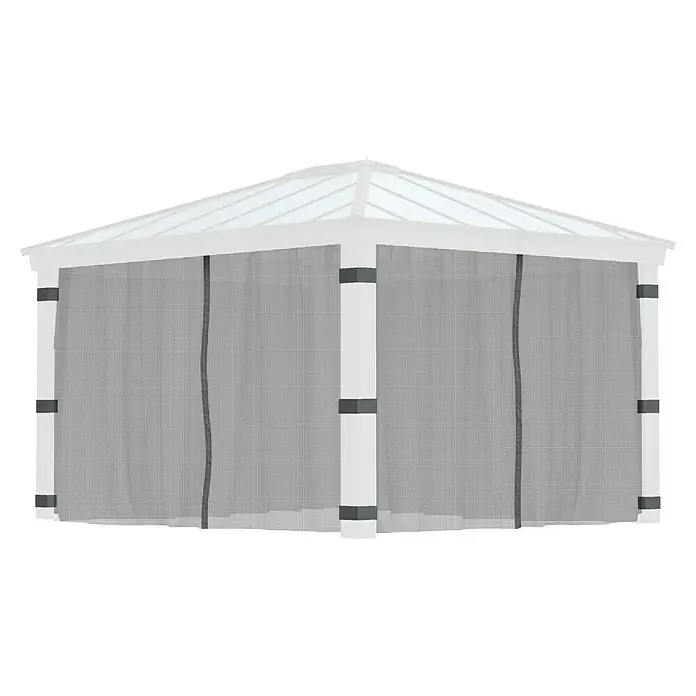 Palram – Canopia Cortina mosquitera para cenador Dallas - An x Al: 430 x 360 cm, Gris - La imagen muestra un elegante gazebo con mosquitera, perfecto para cualquier jardín. El diseño limpio y el color blanco se integran en cualquier entorno.