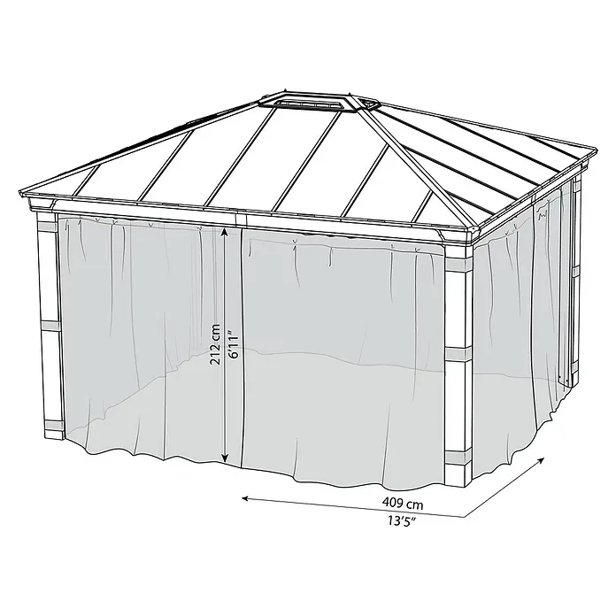 Palram – Canopia Cortina mosquitera para cenador Dallas - An x Al: 430 x 360 cm, Gris - Vista de una glorieta con cortinas y dimensiones que indican la altura y el ancho.