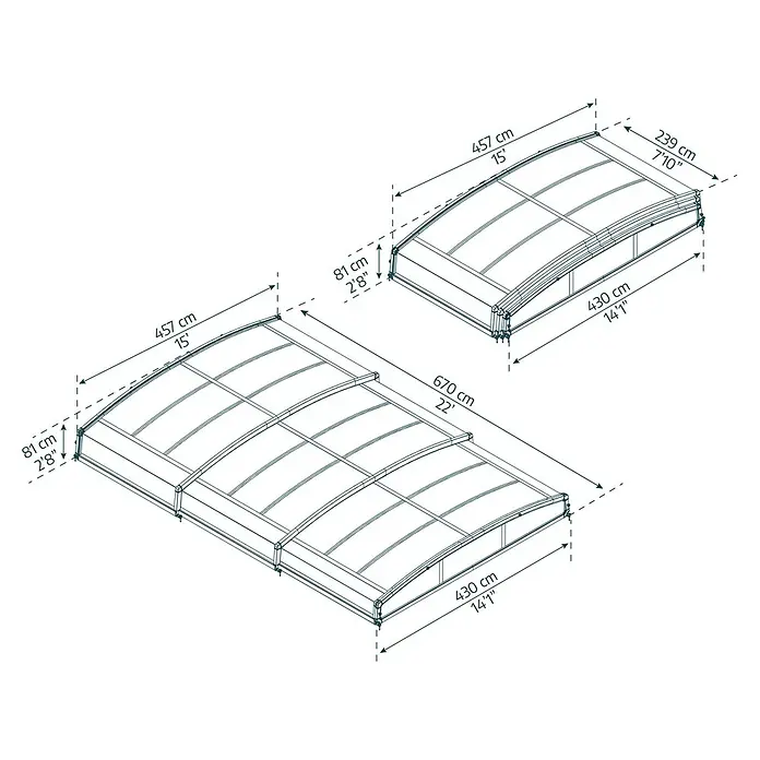 Palram – Canopia Cubierta para piscina Majorca - Específico para: Piscina, L x An: 600 x 400 cm, Aluminio - Imagen que muestra las dimensiones de una cubierta de piscina de perfil bajo, proporcionando especificaciones claras y detalladas.