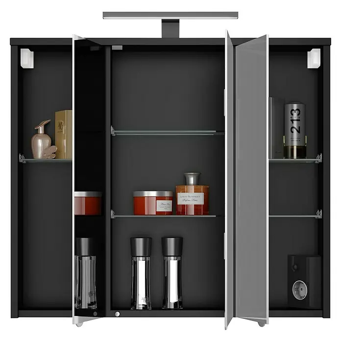 Camargue LED-Spiegelschrank Aragonit - B x H: 72,2 x 68,2 cm, Holz, Schwarz - Ein moderner Spiegelschrank in Schwarz mit Glasböden, beleuchtet von oben, zur Aufbewahrung von Kosmetikartikeln und Parfums.