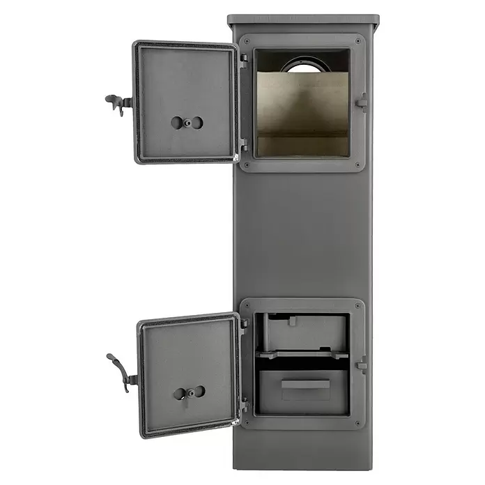 Werkstattofen Thalia - 5,3 kW, Raumheizvermögen: 160 m³, Schwarz - Hoher dunkelgrauer Metallofen mit zwei offenen Türen, der Feuerraum und Aschlade zeigt.