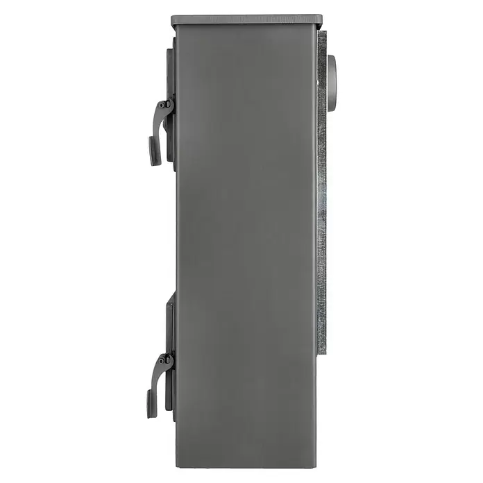 Werkstattofen Thalia - 5,3 kW, Raumheizvermögen: 160 m³, Schwarz - Seitenansicht eines matten grauen Geräts oder Gehäuses mit zwei Verschlussgriffen und einer strukturierten Seitenplatte.