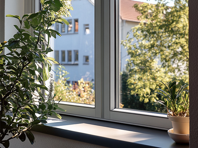 geschlossenes Kunststofffenster in einem Wohnhaus von innen