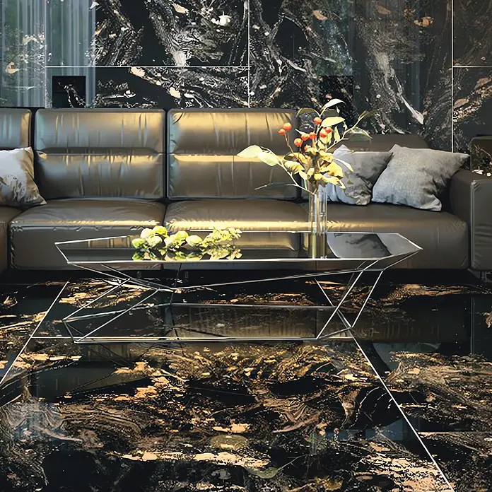 Opiart Feinsteinzeugfliese Oro - 59,7 x 119,5 cm, Schwarz/Gold, Glänzend - Elegante Inneneinrichtung mit einem modernen Sofa und einem Couchtisch, die das luxuriöse Ambiente des Raumes unterstreichen.