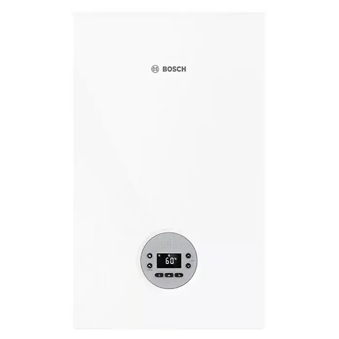 Bosch Caldera Condens 1200 W con instalación incluida - 20 kW, 6 l, Display multifunción - Imagen de una caldera Bosch. El aparato es blanco con una pantalla digital que indica 60 grados. Ideal para agua caliente y calefacción.