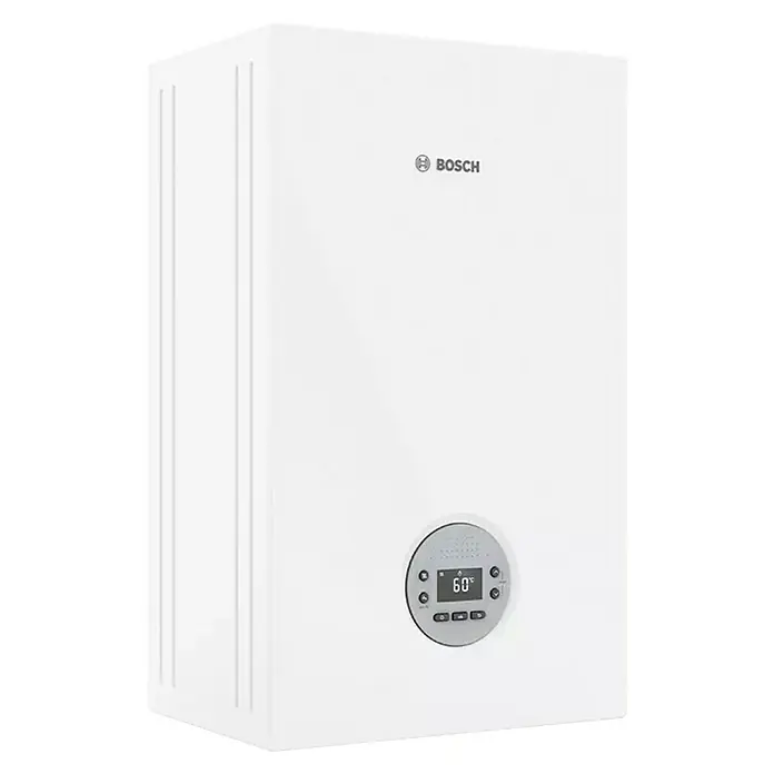 Bosch Caldera Condens 1200 W con instalación incluida - 20 kW, 6 l, Display multifunción - Imagen de un calentador Bosch blanco con una pantalla digital que muestra una temperatura de 60 grados. Aparato de calefacción compacto y eficiente.