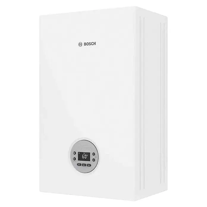 Bosch Caldera Condens 1200 W con instalación incluida - 20 kW, 6 l, Display multifunción - Primer plano de una unidad de calefacción blanca de Bosch montada en la pared, con una pantalla redonda para mostrar la temperatura.