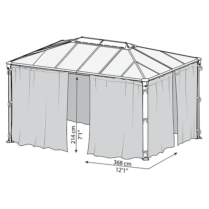 Palram – Canopia Cortina mosquitera para cenador Palermo - An x Al: 360 x 217 cm - Ilustración de una glorieta con cortinas y especificaciones de tamaño.