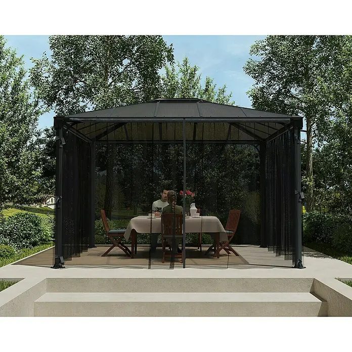 Palram – Canopia Cortina mosquitera para cenador Palermo - An x Al: 360 x 217 cm - Una elegante glorieta de jardín ofrece sombra y protección para una comida relajada al aire libre. El ambiente perfecto para horas de convivencia.