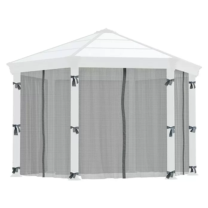 Palram – Canopia Cortina mosquitera para cenador Mónaco/Roma - An x Al: 234 x 214 cm - Cenador hexagonal blanco con mosquitera de malla gris y lazos.