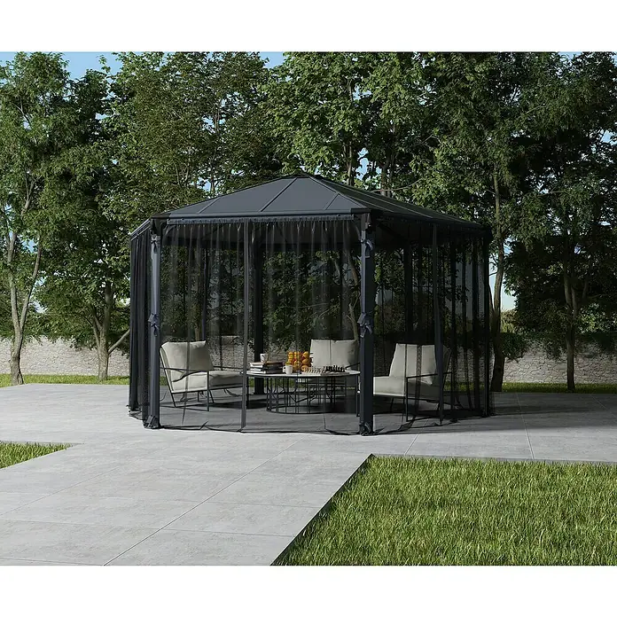 Palram – Canopia Cortina mosquitera para cenador Mónaco/Roma - An x Al: 234 x 214 cm - Elegante gazebo de jardín con cortinas y asientos, perfecto para relajarse al aire libre.