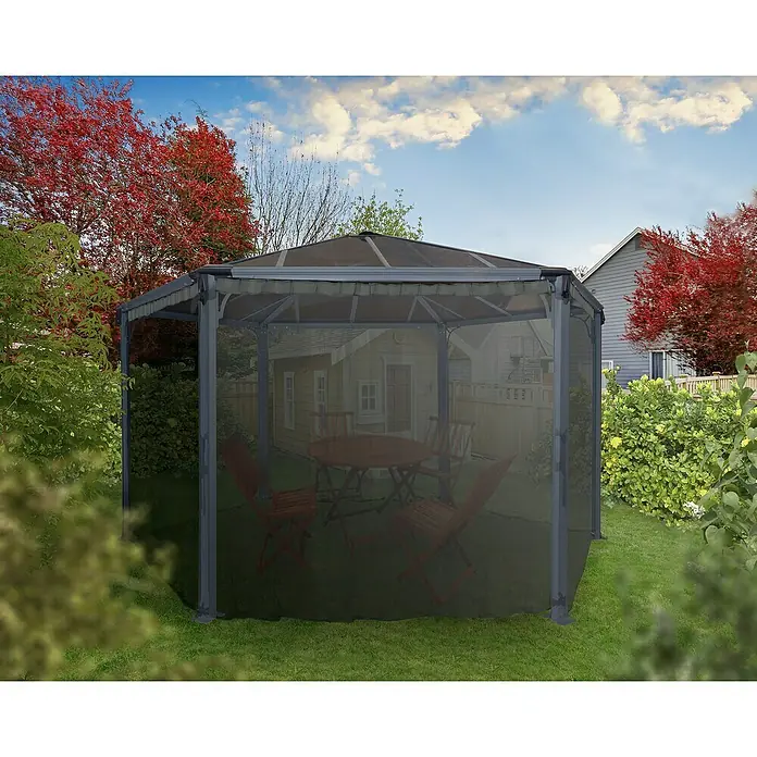 Palram – Canopia Cortina mosquitera para cenador Mónaco/Roma - An x Al: 234 x 214 cm - Una elegante glorieta de jardín con mesa redonda y sillas, perfecta para relajarse al aire libre. La glorieta ofrece sombra y protege de los insectos.