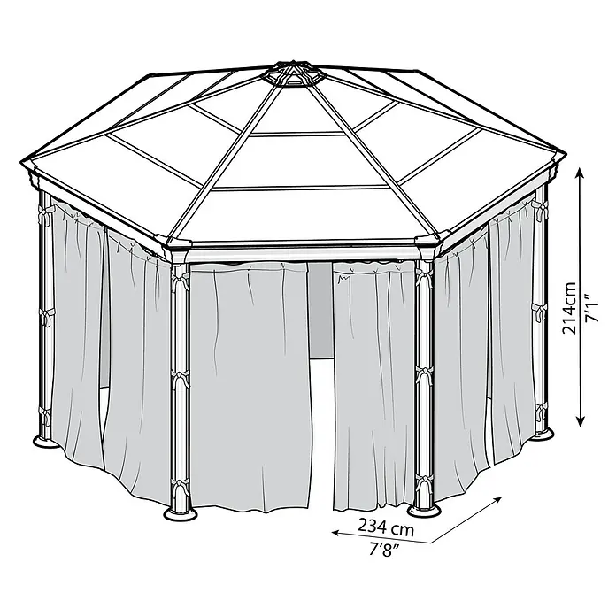 Palram – Canopia Cortina mosquitera para cenador Mónaco/Roma - An x Al: 234 x 214 cm - Ilustración de una glorieta con cortinas, dimensionada con una altura de 214 cm y una anchura de 234 cm.