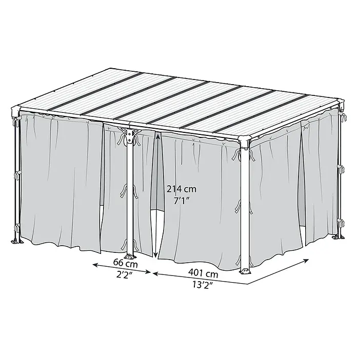 Palram – Canopia Cortina mosquitera para cenador Milano - An x Al: 300 x 340 cm - Ilustración de un gazebo con cortinas y dimensiones. La imagen proporciona las dimensiones del gazebo en centímetros y pies.