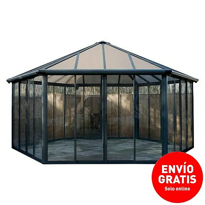 Palram – Canopia Pérgola de jardín cerrado Garda - L x An x Al: 5,95 x 5,17 x 3,13 m, Aluminio, Gris - Imagen de un pabellón con paredes y techo transparentes, ideal para el jardín y con un adhesivo de "Envío gratis".