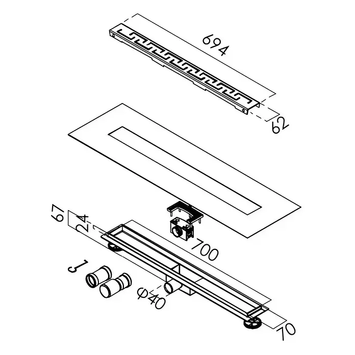 Duschrinne Glan - 70 cm, Edelstahl, Variante 4 - Explosionszeichnung eines linearen Duschabfluss-Sets mit Zierrost, Rinne und Abflussrohranschlüssen.
