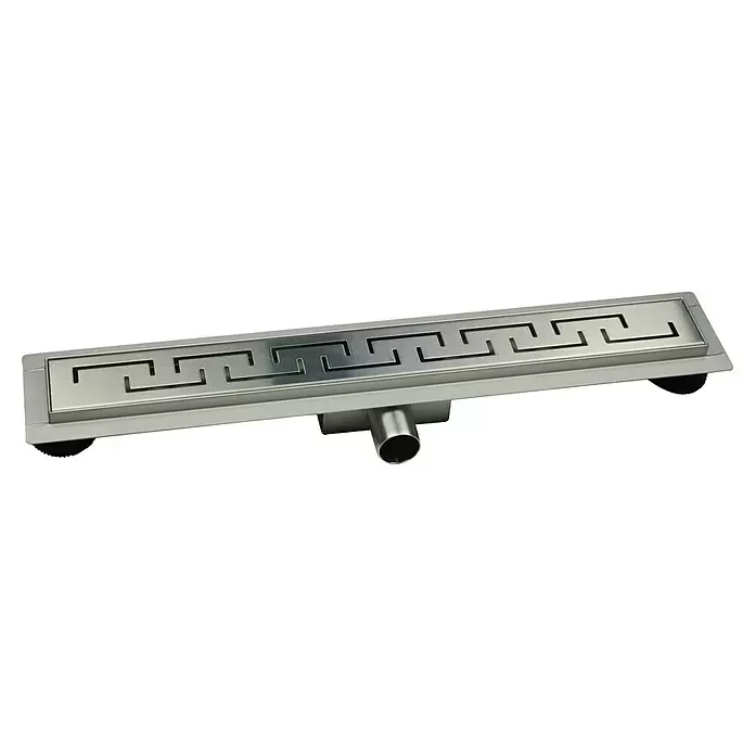 Duschrinne Glan - 70 cm, Edelstahl, Variante 4 - Silberfarbene lineare Duschrinne mit Mäandermuster-Rost.