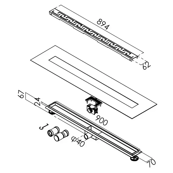 Duschrinne Glan - 90 cm, Edelstahl, Variante 4 - Explosionszeichnung eines linearen Duschabflusses mit dekorativem Rost, Rinne und Seitenablaufkomponenten.