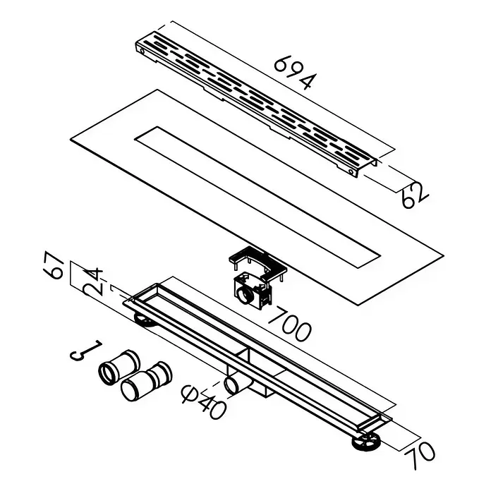 Duschrinne Isel - 70 cm, Edelstahl, Variante 3 - Explosionszeichnung eines linearen Duschabflusssystems mit Schlitzrost, Hauptkanal, Ablauf und Maßen.