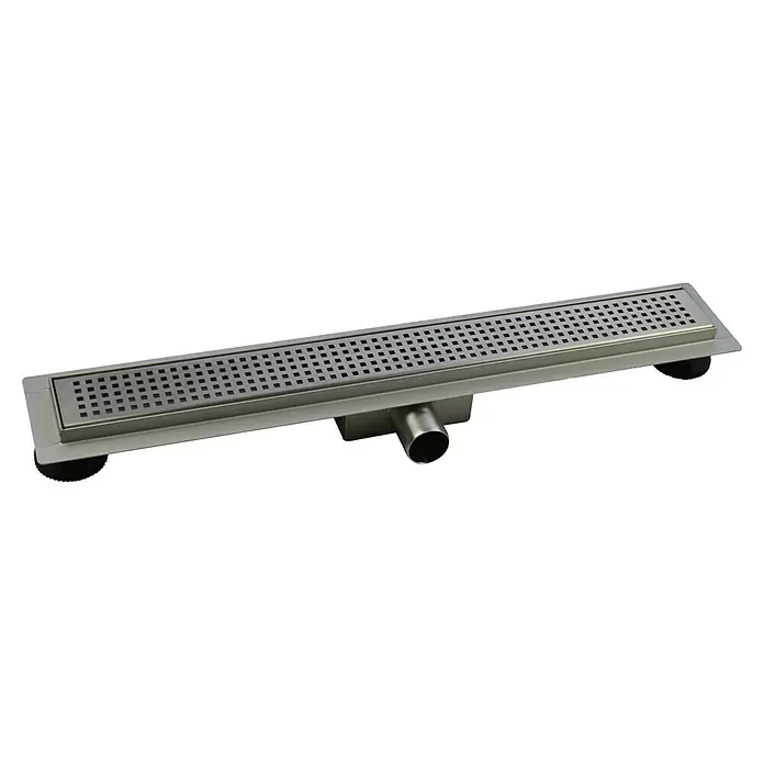 Duschrinne Elbe - 100 cm, Edelstahl, Variante 2 - Linearer Duschablauf aus Edelstahl mit rechteckigem Lochrost, Abflussrohr und verstellbaren Füßen.