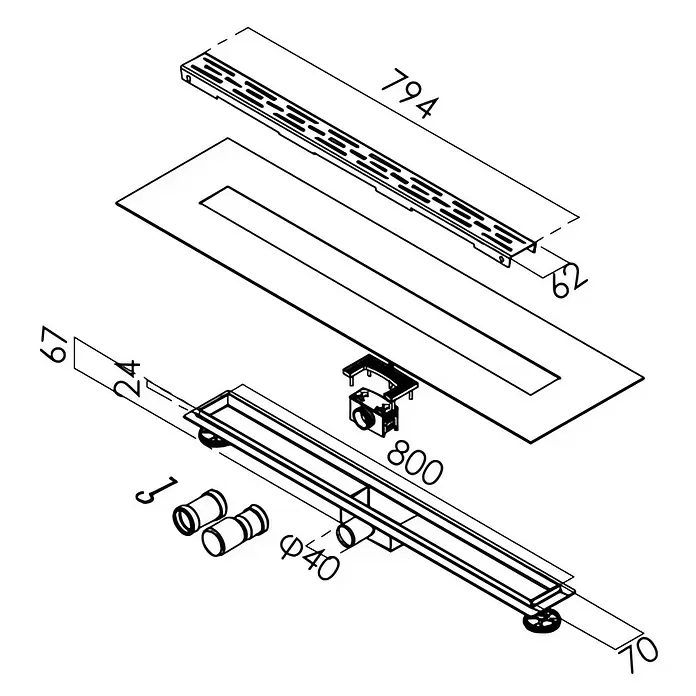 Duschrinne Isel - 80 cm, Edelstahl, Variante 3 - Explosionszeichnung eines linearen Duschablaufs mit Schlitzrost, Rinne und Anschlussrohren, inklusive Maße.