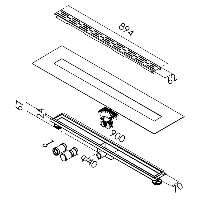 Duschrinne Isel - 90 cm, Edelstahl, Variante 3 - Explosionszeichnung eines Linienentwässerungssystems mit Schlitzrost, befliesbarer Einlage und Hauptkanal mit 40mm-Abfluss.