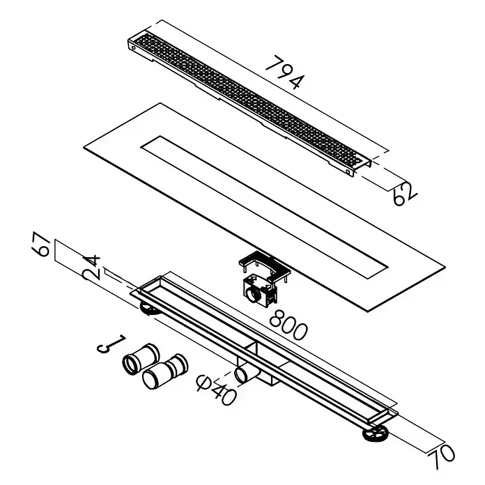 Duschrinne Elbe - 80 cm, Edelstahl, Variante 2 - Explosionszeichnung eines linearen Duschablaufsystems mit Rost, Rinne und Sanitärkomponenten.