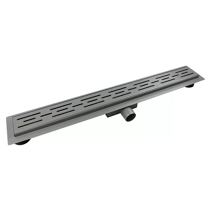 Duschrinne Isel - 100 cm, Edelstahl, Variante 3 - Graue Edelstahl-Duschrinne mit geometrischem Rostmuster und Seitenablauf.