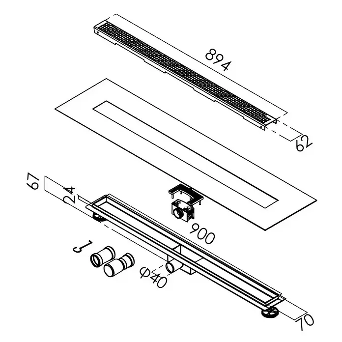 Duschrinne Elbe - 90 cm, Edelstahl, Variante 2 - Explosionszeichnung eines linearen Duschabflusssystems mit Abmessungen und Komponenten wie Rost, Rinne und Anschlüssen.