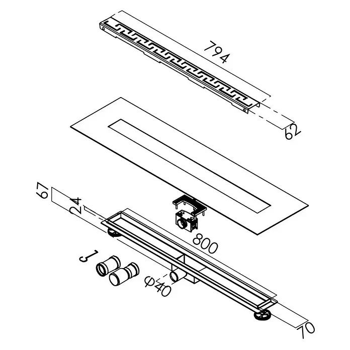 Duschrinne Glan - 80 cm, Edelstahl, Variante 4 - Explosionszeichnung eines Linienablaufs für Duschen mit gemustertem Rost, Hauptkanal und Ablaufkomponenten, inkl. Maßen.