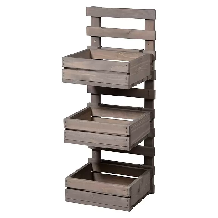 Dobar Holzregal - L x B x H: 29,5 x 26,5 x 74,5 cm, Grau - Dreistöckiges Ausstellungsregal aus grau-braun gebeiztem Holz mit drei abnehmbaren rechteckigen Kisten zur Aufbewahrung.