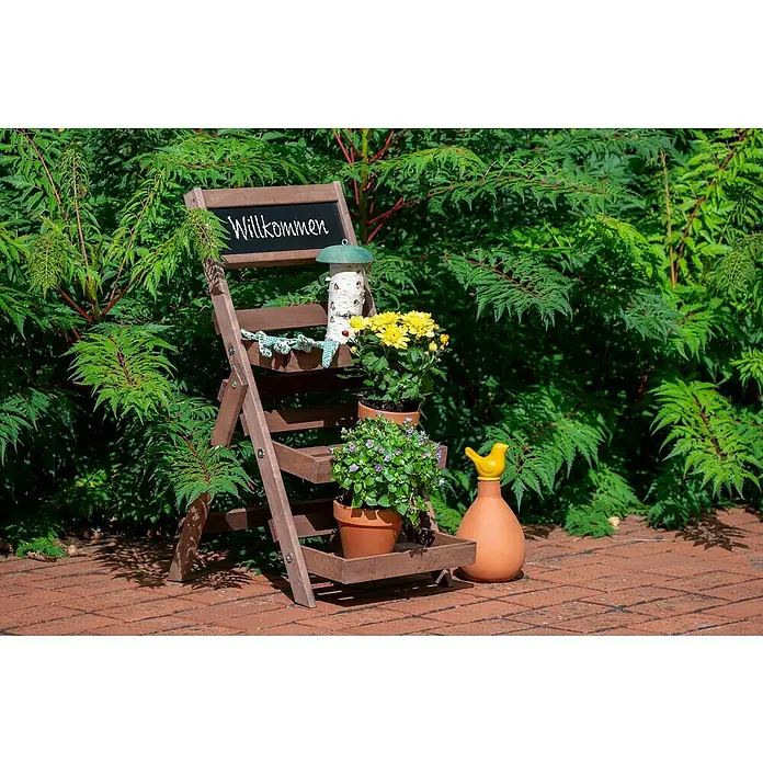 Dobar Blumentreppe - 47,5 x 38,5 x 70,5 cm, Braun - Dekorative Holzleiter mit Pflanzen und einem "Willkommen"-Schild, ideal für Gartenliebhaber, die einen rustikalen Akzent setzen möchten.
