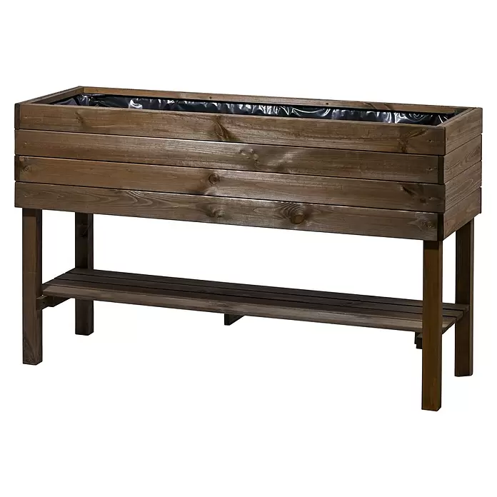 Dobar Hochbeet - 117 x 40 x 70,5 cm, Holz, Braun - Dunkelbraunes Holz-Hochbeet mit schwarzer Folie, auf Beinen stehend und mit einer unteren Ablagefläche.