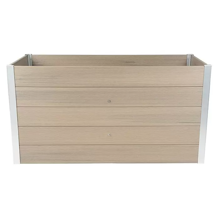 Dobar Hochbeet XXL - 146 x 70 x 75 cm, Verbundwerkstoff, Silbergrau - Pflanzkasten aus hellem Holz-Verbundwerkstoff mit silbernen Metallecken, innen leer.