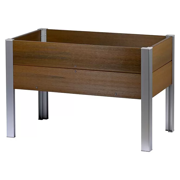 Dobar Hochbeet - 50 x 91 x 60 cm, Verbundwerkstoff, Teak - Rechteckiges Hochbeet mit braunen Holzlatten und silbernem Metallrahmen und -beinen.