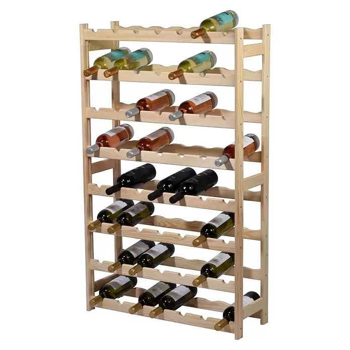 Dobar Weinregal - L x B x H: 72 x 25 x 117,5 cm, Anzahl Flaschen: 56 Stk., Natur - Helles Weinregal aus Holz, gefüllt mit verschiedenen Weiß-, Rosé- und Rotweinflaschen.