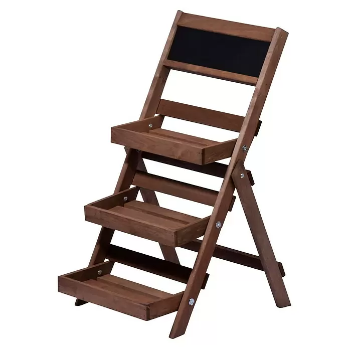 Dobar Blumentreppe - 47,5 x 38,5 x 70,5 cm, Braun - Brauner Holz-Stufenregal mit drei Ablagen und einer oberen Kreidetafel.
