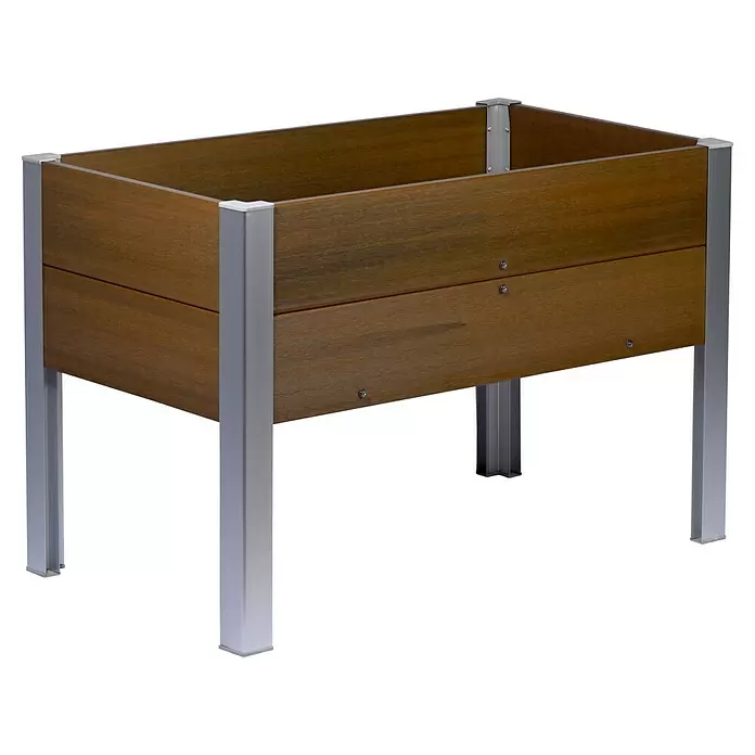 Dobar Hochbeet - 50 x 91 x 60 cm, Verbundwerkstoff, Teak - Braunes Hochbeet in Holzoptik mit grauem Metallrahmen und Beinen.