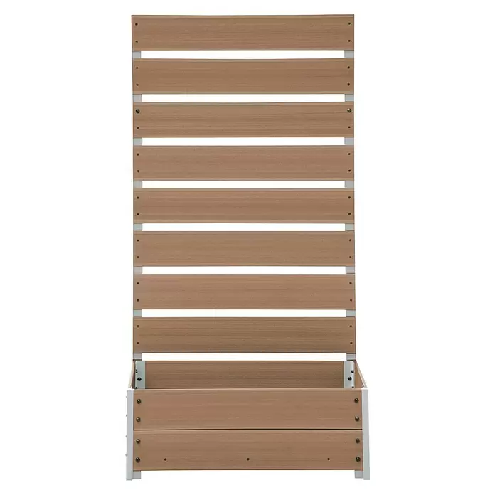Dobar Pflanzkasten - Außenmaß (L x B x H): 72 x 33 x 137 cm, Verbundwerkstoff, Teak - Braunes Pflanzgefäß in Holzoptik mit weißem Rahmen und Rankgitter für Kletterpflanzen.