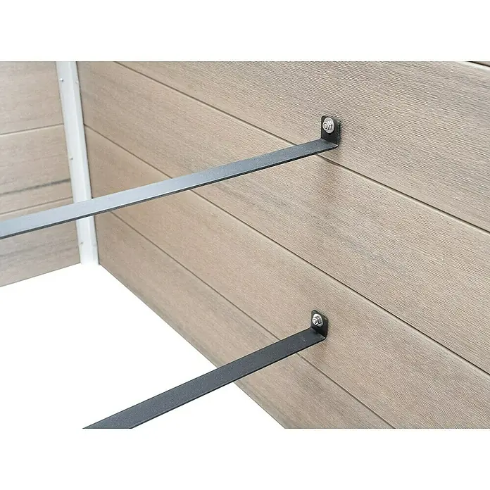 Dobar Hochbeet XXL - 146 x 70 x 75 cm, Verbundwerkstoff, Silbergrau - Nahaufnahme von Metallstützen, die an einer hölzernen Terrassenstruktur befestigt sind, und die Haltbarkeit der Terrassenkonstruktion hervorheben.